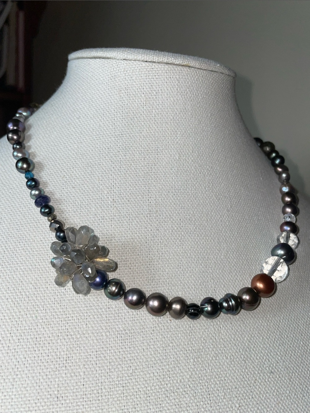 Artisan Hand Knotted Asymmetrical Pearl and Crystal Boho Strand Necklace
